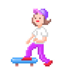 Obraz premium Fit teenage girl riding skateboard, pixel art character isolated on white background. Summer city activity. Extreme urban action sport. Skatepark mascot. Healthy lifestyle symbol. Retro game graphics.