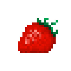 Red strawberry, pixel art icon isolated on white background. Jam sticker. Garden berry symbol. Fruit emblem. Erotic sex shop logo.Retro 80s,90s video game graphics. Old school 8 bit slot machine icon.