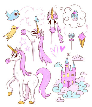 White unicorn with pink mane and golden horn, blue and yellow birds, pink castle and sweets, set of magic fairytale characters and objects on white. Funny comic child style animal in different poses.