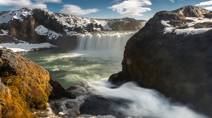 Godafoss waterfall in iceland winter on sunny day