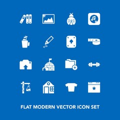 Modern, simple vector icon set on blue background with snow, folder, celebration, butterfly, fitness, equipment, data, fly, clothes, hot, arctic, lady, office, igloo, bug, estate, photo, drink icons