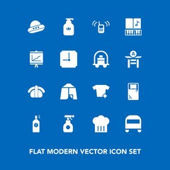 Modern, simple vector icon set on blue background with call, music, salmon, chemical, clothes, spaceship, fish, note, pesticide, tent, japan, restaurant, chief, phone, clothing, equipment, space icons