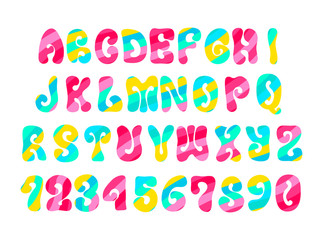 Psychedelic font with colorful pattern. Vintage hippie alphabet on white.