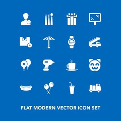 Modern, simple vector icon set on blue background with spoon, shipping, user, cappuccino, account, animal, juice, food, box, birthday, cup, cute, industry, cold, road, sign, coffee, drink, knife icons