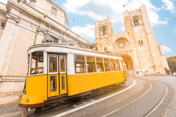 Vintage Tram transportation in Lisbon city Portugal