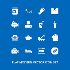 Modern, simple vector icon set on blue background with video, clip, bouquet, car, vehicle, space, tow, cold, helmet, home, paperclip, hot, science, floral, accident, warm, tea, food, truck, bed icons