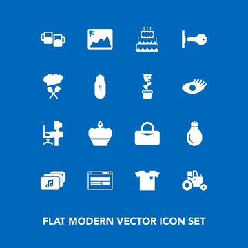 Modern, simple vector icon set on blue background with photo, shirt, white, clothing, music, food, security, image, agricultural, agriculture, key, bulb, pie, table, farm, file, field, door, new icons