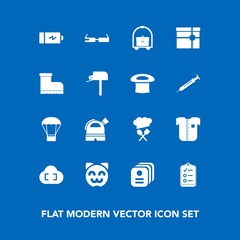 Modern, simple vector icon set on blue background with card, hot, mail, cloud, balloon, cute, energy, battery, shirt, room, box, observatory, id, present, leather, list, kitty, white, gift, mark icons