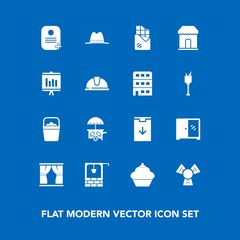 Modern, simple vector icon set on blue background with stone, business, construction, vehicle, cake, safety, furniture, van, chocolate, old, bar, house, architecture, curtain, doughnut, ice, web icons