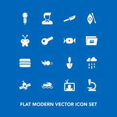 Modern, simple vector icon set on blue background with work, hamburger, bowling, space, microscope, boat, knife, biology, rainy, weather, tool, music, water, ball, research, cutlery, dinner, wet icons