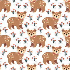 Decorative seamless pattern in folk style with bear. Colorful vector background.