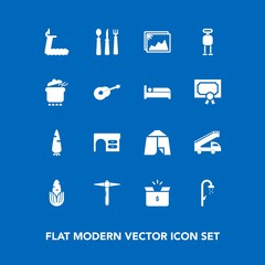 Modern, simple vector icon set on blue background with sport, bathroom, pack, gym, corn, hygiene, fitness, treadmill, container, bath, carrot, knife, desk, box, robot, shower, spoon, adventure icons