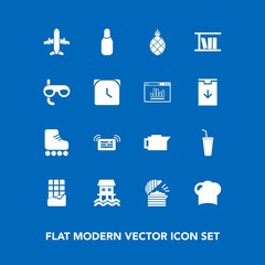 Modern, simple vector icon set on blue background with skate, sweet, hat, bar, airplane, time, book, cone, juice, travel, bowling, leisure, food, message, scuba, fun, mask, ball, coffee, fruit icons