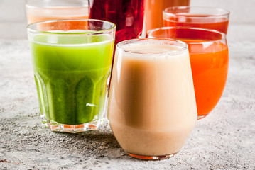 Healthy Food Concept,  Different Fruit and Vegetables Juices Smoothie  in Glasses