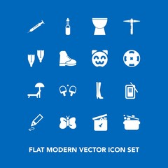 Fototapeta premium Modern, simple vector icon set on blue background with sunbed, summer, equipment, boot, underwater, beauty, technology, needle, flipper, beach, footwear, cook, food, game, nature, office, sea icons