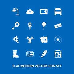 Modern, simple vector icon set on blue background with transportation, style, celebration, add, leather, card, cloud, bear, firework, game, play, pizza, cooler, rattle, planet, cold, footwear icons