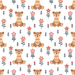 Decorative seamless pattern in folk style with bear. Colorful vector background.