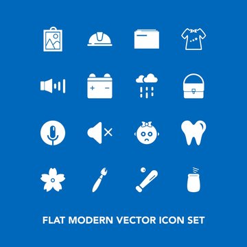 Modern, simple vector icon set on blue background with league, blossom, cherry, cute, baby, sakura, kid, clothes, baseball, helmet, speaker, paper, paint, music, child, spring, mute, safety, hat icons