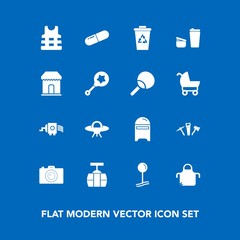 Modern, simple vector icon set on blue background with mail, grater, kitchen, life, cup, pill, ufo, alien, apron, recycling, trash, medicine, drop, mailbox, photographer, cheese, medical, jacket icons