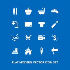 Modern, simple vector icon set on blue background with medieval, horse, duck, usd, television, way, video, water, crane, scuba, dessert, sport, bag, sign, direction, film, microphone, tower, toy icons
