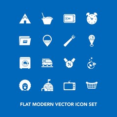 Modern, simple vector icon set on blue background with screen, van, transportation, igloo, snow, transport, camp, percent, money, circus, housework, spaceship, safe, technology, scary, white, tv icons