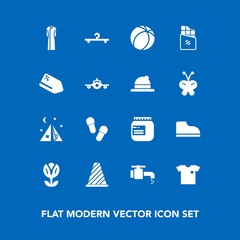 Modern, simple vector icon set on blue background with adventure, slipper, spring, hanger, ball, female, cloakroom, dress, shirt, glass, new, tent, chocolate, blossom, bathroom, soccer, floral icons