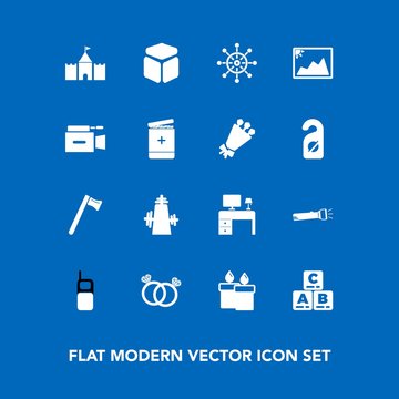 Modern, simple vector icon set on blue background with decoration, ring, wedding, sign, photo, engagement, diamond, frame, kitchen, wrench, mobile, wax, work, wheel, tool, business, helm, fire icons