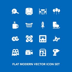 Modern, simple vector icon set on blue background with antenna, white, orbit, planet, television, sweet, ball, industry, table, cosmos, kitchen, cooking, chair, video, cookie, radio, wireless icons