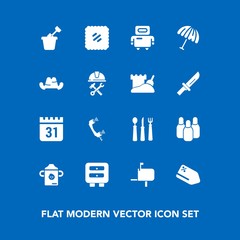Modern, simple vector icon set on blue background with kitchen, futuristic, technology, mail, calendar, spoon, sale, drawer, time, fork, price, sport, box, nutrition, message, robot, schedule icons