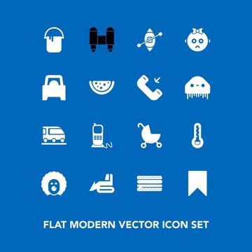 Modern, simple vector icon set on blue background with technology, ship, transportation, bookmark, craft, business, temperature, child, cheeseburger, snack, food, pram, travel, train, boat, van icons