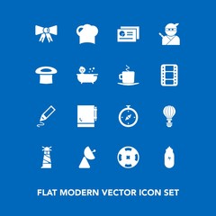 Modern, simple vector icon set on blue background with japanese, map, casino, antenna, chart, samurai, jump, tie, lighthouse, stationery, page, money, extreme, restaurant, fashion, radio, japan icons