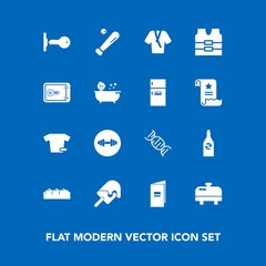 Modern, simple vector icon set on blue background with sweet, boiler, home, sport, cream, liquid, clothes, fruit, food, safe, shirt, clothing, bank, league, brochure, jacket, door, ball, drink icons