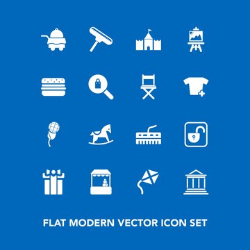 Modern, simple vector icon set on blue background with artist, shop, lock, drawing, kite, keyboard, money, supermarket, bedroom, grocery, open, mic, tower, room, business, banking, unlock, store icons