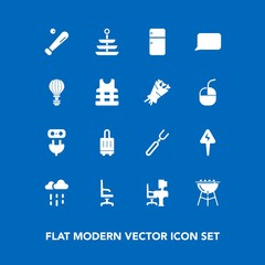 Modern, simple vector icon set on blue background with energy, bag, equipment, food, meat, grill, home, talk, desk, work, sign, rainy, chair, table, rain, fridge, dinner, fork, interior, cooking icons