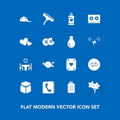 Modern, simple vector icon set on blue background with headwear, astronomy, table, phone, hat, replacement, cherry, replace, bag, substitute, travel, internet, cap, heart, sakura, roller, spring icons