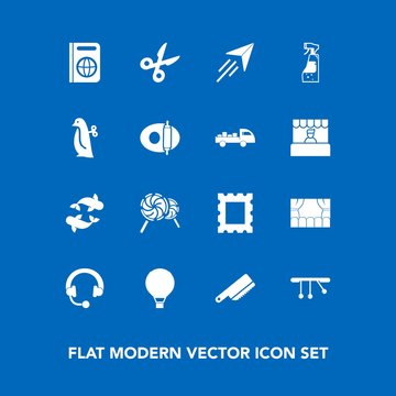 Modern, simple vector icon set on blue background with fly, pendulum, white, travel, passport, toy, cut, plane, parachuting, photo, sweet, bottle, cutlery, lollipop, music, audio, sea, fork, sky icons