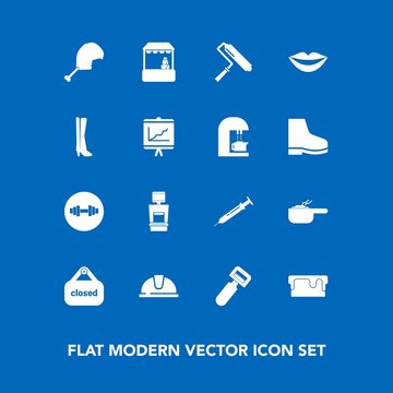 Modern, simple vector icon set on blue background with pot, meal, food, gym, needle, business, safety, lips, kitchen, teeth, shop, scan, pie, peeler, supermarket, tool, sign, work, equipment icons