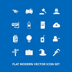 Modern, simple vector icon set on blue background with astronaut, industrial, idea, military, photography, delete, camera, exploration, weapon, hat, truck, bulb, food, delivery, banner, photo icons