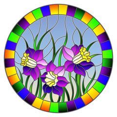 Illustration in stained glass style with a bouquet of purple and yellow daffodils on a blue background, in bright frame round image