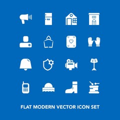 Modern, simple vector icon set on blue background with light, contact, sunset, handle, internet, camera, refrigerator, video, freezer, drum, instrument, security, speaker, boot, white, business icons
