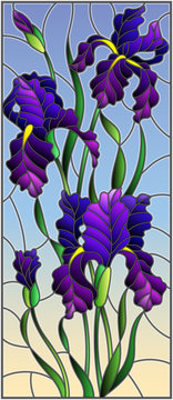 Illustration in stained glass style with purple bouquet of irises, flowers, buds and leaves on sky  background