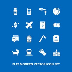 Modern, simple vector icon set on blue background with kid, potato, machine, old, mobile, communication, hand, finger, screwdriver, xray, scan, telephone, church, baby, caravan, hammer, building icons