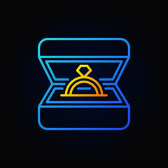 Golden ring in blue open box vector outline icon or logo 