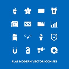 Modern, simple vector icon set on blue background with letter, envelope, music, shirt, sport, cherry, game, ecology, hot, hotel, elevator, food, magnetic, sweet, check, label, mailbox, security icons