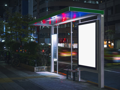 Bus Shelter Billboard Banner Template  Media Advertising Outdoor Street Sign Night Scene