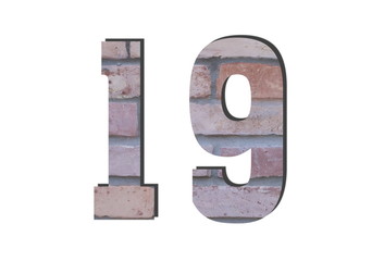 19 Number. Decorative red brick wall texture. English style. White isolated