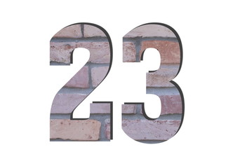 23 Number. Decorative red brick wall texture. English style. White isolated