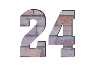 24 Number. Decorative red brick wall texture. English style. White isolated
