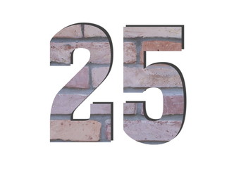 25 Number. Decorative red brick wall texture. English style. White isolated