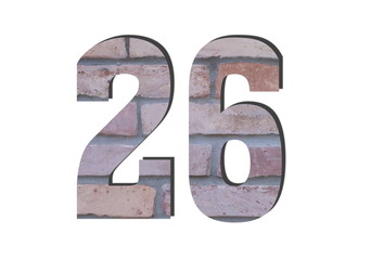 26 Number. Decorative red brick wall texture. English style. White isolated